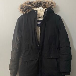 Lands' End Black Puffer Jacket with Faux Fur Hood